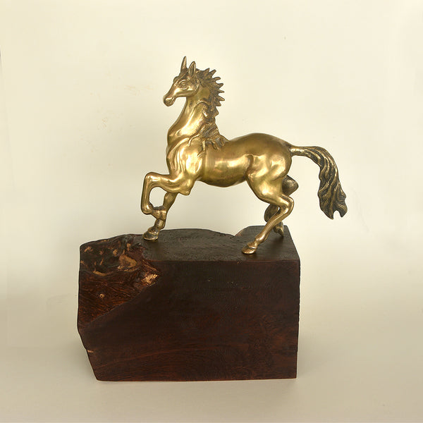 Vintage Brass Stallion on a Burmah Teak Wood Block